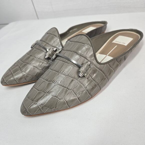 Dolce Vita Gram Mule Slides Gray Horsebit 8.5 Croc Embossed Leather Flats - Picture 10 of 10